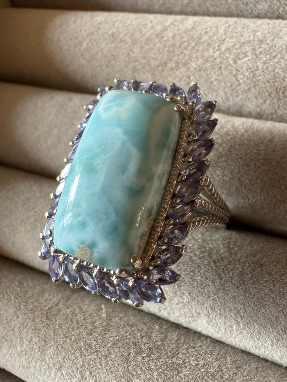 D’Joy Larimar & Tanzanite Ocean Waves 20.80 CTW Sterling Silver Ring Size 10